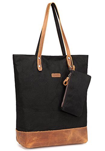 Leather Canvas Tote,Vaschy Water Resistant Vintage Large Shopper Work Bag for Women with Padded ...