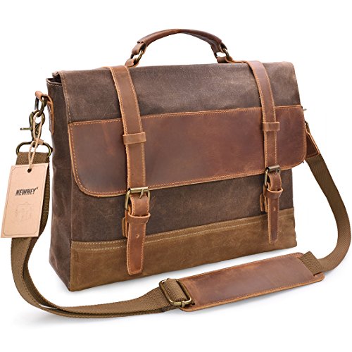 NEWHEY Mens Messenger Bag Waterproof Canvas Leather Computer Laptop Bag 15.6 Inch Briefcase Case ...