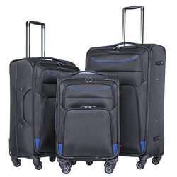 Coolife Luggage 3 Piece Set Suitcase Spinner Softshell lightweight (black+blue)