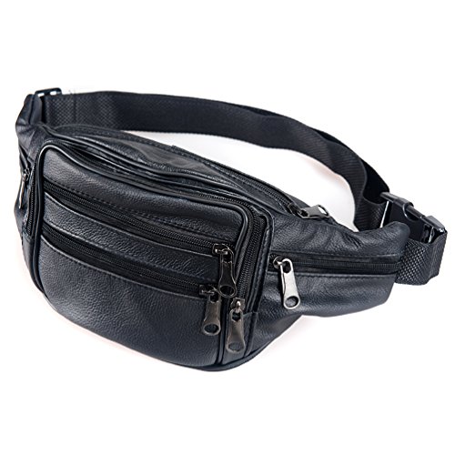 Waist Pack Cowhide Leather Large Size 7 Pockets Fanny Pack Black ...