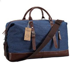 Ulgoo Travel Duffel Bag Canvas Bag PU Leather Weekend Bag Overnight (Deep Blue)