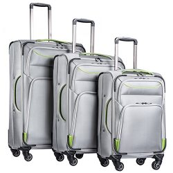 Coolife Luggage 3 Piece Set Suitcase Spinner Softshell lightweight (gray +green)