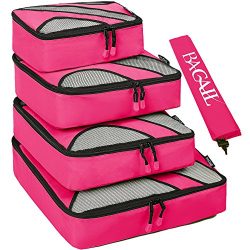 4 Set Packing Cubes,Travel Luggage Packing Organizers with Laundry Bag Fushcia