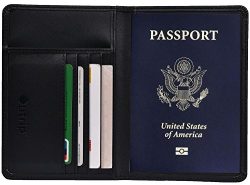 RFID Blocking Leather Passport Holder Cover & Travel Wallet ID Card Case (Black)
