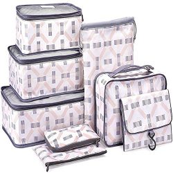 8 Set Travel Accessories Packing Organizers Luggage 4 Cubes+Shoes Bag+3 Mesh Pouches (Ivory Geom ...