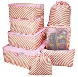 8 Set Travel Accessories Packing Organizers Luggage 4 Cubes+Shoes Bag+3 Mesh Pouches (Pink strip)