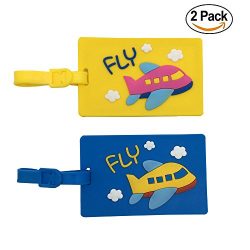 Mziart Cartoon Airplane Luggage Tags with Rubber Strap, Set of 2( Blue & Yellow)