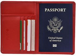 RFID Blocking Leather Passport Holder Cover & Travel Wallet ID Card Case (Red)