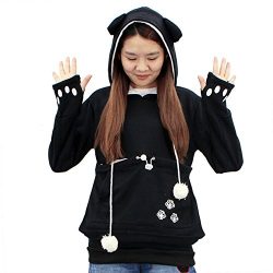 Womens Kangaroo Pouch Hoodie Long Sleeve Pet Cat Dog Holder Carrier Sweatshirt L Black