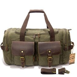 SUVOM Leather Overnight Duffle Bag Canvas Travel Tote Duffel Weekend Bag Luggage (Army Green)