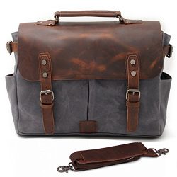 SUVOM Mens Canvas Messenger Bag 14″ Leather Laptop Bag Briefcase School Bookbag (Dark Gray)