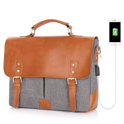 Men Messenger Bag with USB Charging Port Vintage Genuine Leather Canvas Men’s Briefcase fo ...