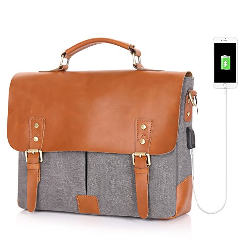 Men Messenger Bag with USB Charging Port Vintage Genuine Leather Canvas