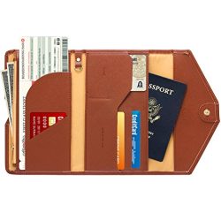 Women RFID Blocking Wallet, Teoyall Travel Passport PU Leather Long Trifold Wallet (Brown)