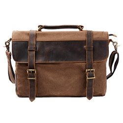 S-ZONE Vintage Canvas Genuine Leather Messenger Traveling Briefcase Shoulder Laptop Bag