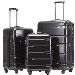 Coolife Luggage 3 Piece Sets PC+ABS Spinner Suitcase 20 inch 24 inch 28 inch (Black)