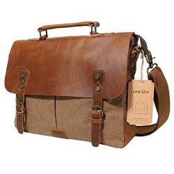 Lifewit Men Briefcase Leather Canvas Laptop Satchel Messenger Work Bag Fit up to 13.3-inch , Coffee