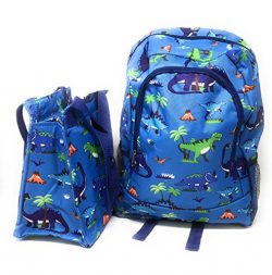 Kids Full Size Backpack with Side Mesh Pockets and Insulated Lunch Bag Box Carrier (Dinosaur)