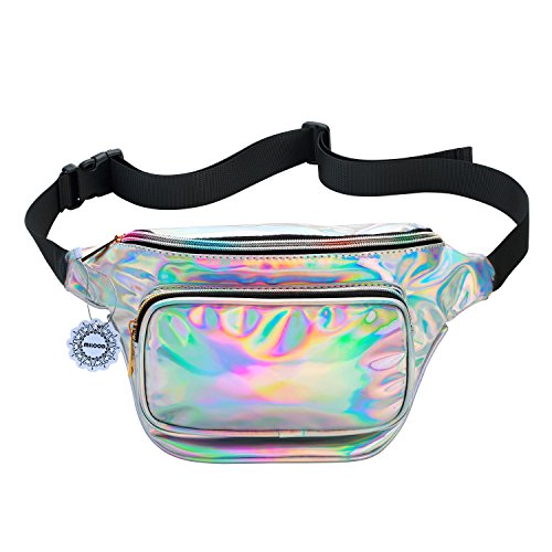 Water Resistant Shiny Neon Fanny Bag for Women Rave Festival Hologram Bum Travel Waist Pack (Silver)