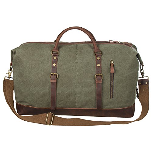 S-ZONE Oversized Canvas Genuine Leather Trim Travel Tote Duffel Shoulder Handbag Weekend Bag