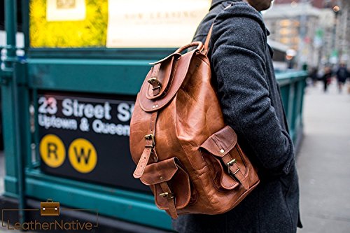 Leather Native halloween sale 16″ Genuine Leather Retro Rucksack School/Travel Drawstring ...