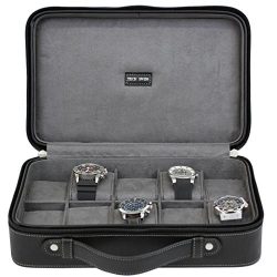 Watch Case For 10 Travel Briefcase Design Leather Large Compartments Zipper (Black)