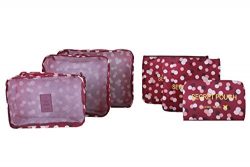 6 sets travel Organizers Packing Cubes Luggage Organizers Compression Pouches (Wine Red Daisy)