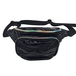 Women Hologram Laser Waist Bag Fashion Waterproof Shiny Neon Fanny Pack Bum Bag Travel Purse (Black)