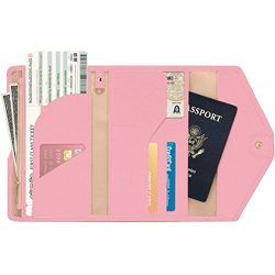 Women RFID Blocking Wallet, Teoyall Travel Passport PU Leather Long Trifold Wallet (Pink)