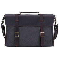 S-ZONE Vintage Canvas Leather Messenger Traveling Briefcase Shoulder Laptop Bag (Large-Dark Gray)