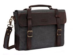 Vaschy Vintage Canvas Leather Messenger Bag School Shoulder Bag Business Briefcase Satchel Gray