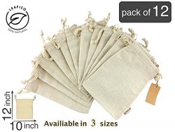 Produce Storage, Reusable & Multipurpose Muslin Bags With Drawstring, Large 10×12 inche ...