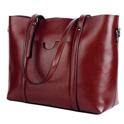 YALUXE Women’s Vintage Style Soft Leather Work Tote Large Shoulder Bag Red