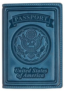 Villini 100% Leather US Passport Holder Cover Case For Men Women In 5 Colors (Light Blue Vintage)