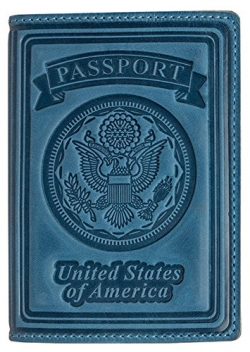 Villini 100% Leather US Passport Holder Cover Case For Men Women In 5 Colors (Light Blue Vintage)