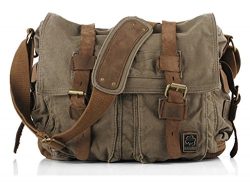 Sechunk Vintage Military Leather Canvas Laptop Bag Messenger Bags (Medium–15‘’, Army Green)