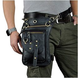 Le’aokuu Mens Genuine Leather Motorcycle Waist Pack Drop Leg Cross Over Bag (The 2141 black)