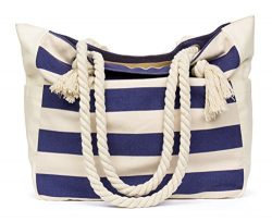 Malirona Beach Canvas Travel Tote Bag (Blue Stripes)