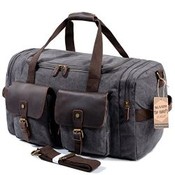 SUVOM Leather Canvas Duffle Bag Weekender Overnight Travel Duffel Gym Bag Luggage (Dark Grey)