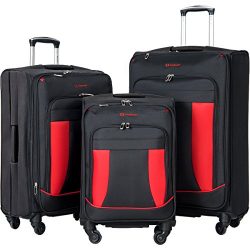 Merax Travelhouse 3 Piece Luggage Set Expandable Spinner Suitcase Black, Black with Red