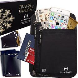 Neck Wallet Travel Pouch & Passport Holder RFID Blocking with 5 Bonus Sleeves