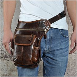 Le’aokuu Mens Genuine Leather Motorcycle Waist Pack Drop Leg Cross Over Bag (3106-2 Coffee)