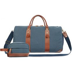 Oflamn Large Duffle Bag Canvas Leather Weekender Overnight Travel Carry On Bag (Blue, X-Large)