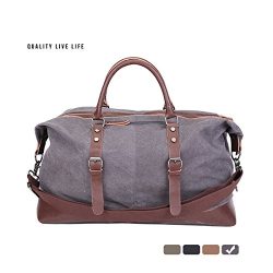 MEWAY Leather Canvas Duffle Bag Weekend Overnight Bag Travel Tote Duffel Luggage with Strap (HAN ...