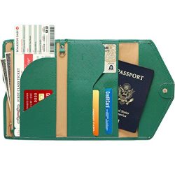 Women RFID Blocking Wallet, Teoyall Travel Passport PU Leather Long Trifold Wallet (Green)