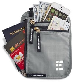 Zero Grid Neck Wallet w/RFID Blocking- Concealed Travel Pouch & Passport Holder (Ash)