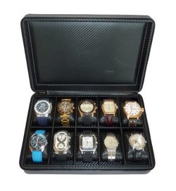 10 Watch Briefcase Black Carbon Fiber Zippered Travel Storage Case 50MM Men”s Gift