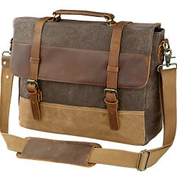 WOWBOX 15.6 Inch Messenger Bag for Mens Waxed Waterproof Canvas Genuine Leather Laptop Messenger ...
