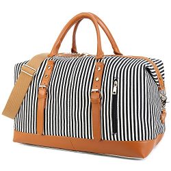 Weekend Travel Bag Ladies Women Duffle Tote Bags PU Leather Trim Canvas Overnight Bag Luggage (B ...