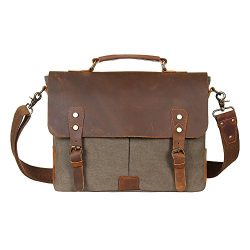 FLYCOOL Unisex Vintage Canvas Real Leather Messenger Bag Travel Briefcase Grey